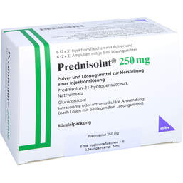 Abbildung: Prednisolut 250 mg Pulver und Lm.z.H.einer Injektionslösung 6 St, Pulver u. Lösungsmittel zur Herstellung einer Injektionslsg. PZN 00503445