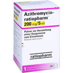 Abbildung: Azithromycin Ratiopharm 200mg / 5ml Pulver zur Suspensionsherstellung 30 ml, Pulver zur Herstellung einer Suspension zum Einnehmen PZN 00507934