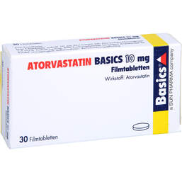Abbildung: Atorvastatin Basics 10 mg Filmtabletten 30 St, Filmtabletten PZN 00524192