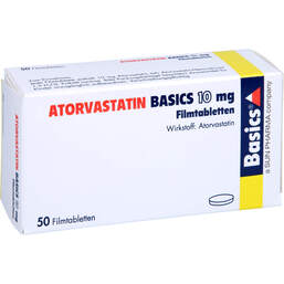 Abbildung: Atorvastatin Basics 10 mg Filmtabletten 50 St, Filmtabletten PZN 00524200