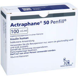 Abbildung: Actraphane 50 Penfill 100 I.E. / ml Zylinderampullen 10X3 ml, Zylinderampullen PZN 00542882