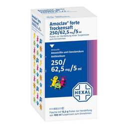 Abbildung: Amoclav forte Pulver zur Herstellung einer Suspension zum Einnehmen 100 ml, Pulver zur Herstellung einer Suspension zum Einnehmen PZN 00544697
