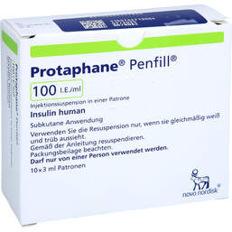 Abbildung: Protaphane Penfill 100I.E. / ml Injektionssuspension in einer Patrone 10X3 ml, Zylinderampullen PZN 00544786