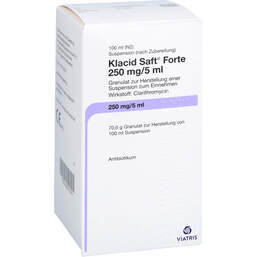 Abbildung: Klacid Saft Forte 250 mg / 5 ml ab 20 kg 100 ml, Granulat zur Herstellung einer Suspension zum Einnehmen PZN 00557576