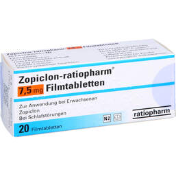Abbildung: Zopiclon ratiopharm 7,5 mg Filmtabletten 20 St, Filmtabletten PZN 00574600