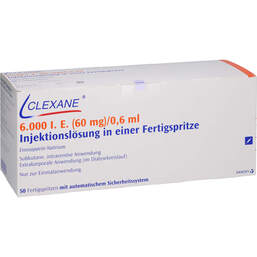 Abbildung: Clexane 6.000 I.E. 60mg / 0,6ml Ilo F.Sp. + Sich-System 50 St, Injektionslösung in einer Fertigspritze PZN 00576272
