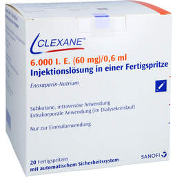 Abbildung: Clexane 6.000 I.E. 60mg / 0,6ml Ilo F.Sp. + Sich-System 20 St, Injektionslösung in einer Fertigspritze PZN 00577188