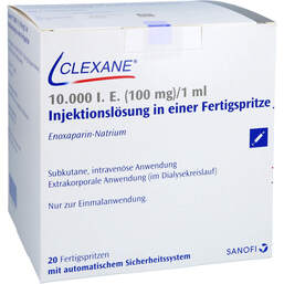 Abbildung: Clexane 10.000 I.E. 100mg / ml Ilo F.Sp. + Sich-System 20 St, Injektionslösung in einer Fertigspritze PZN 00577202