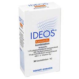 Abbildung: Ideos 500 mg / 400 I.E. Kautabletten Kautabletten, 30 St PZN 00578182