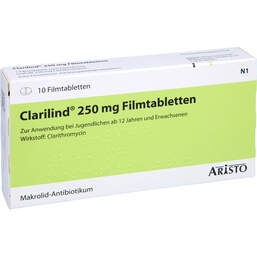 Abbildung: Clarilind 250 mg Filmtabletten 10 St, Filmtabletten PZN 00651401