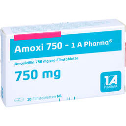 Abbildung: Amoxi 750 1A Pharma Filmtabletten 10 St, Filmtabletten PZN 00658774