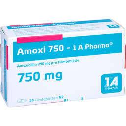 Abbildung: Amoxi 750 1A Pharma Filmtabletten 20 St, Filmtabletten PZN 00658780