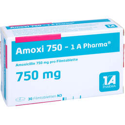 Abbildung: Amoxi 750 1A Pharma Filmtabletten 30 St, Filmtabletten PZN 00658797