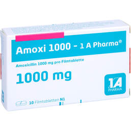 Abbildung: Amoxi 1000 1A Pharma Filmtabletten 10 St, Filmtabletten PZN 00658805