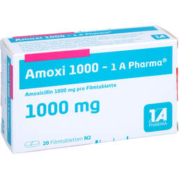 Abbildung: Amoxi 1000 1A Pharma Filmtabletten 20 St, Filmtabletten PZN 00658811