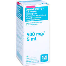 Abbildung: Amoxi 500 TS 1A Pharma Pulver zur Herstellung einer Suspension zum Einnehmen 100 ml, Pulver zur Herstellung einer Suspension zum Einnehmen PZN 00658840