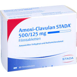 Abbildung: Amoxi Clavulan STADA 500 / 125 mg Filmtabletten 10 St, Filmtabletten PZN 00669571