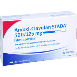 Abbildung: Amoxi Clavulan STADA 500 / 125 mg Filmtabletten 20 St, Filmtabletten PZN 00669588