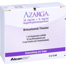 Abbildung: Azarga 10 mg / ml + 5 mg / ml Augentropfensuspension 3X5 ml, Augentropfen PZN 00672194