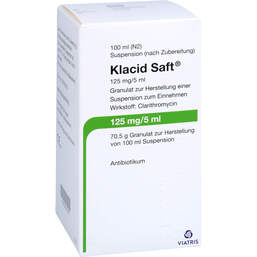 Abbildung: Klacid Saft 125 mg / 5 ml bis 20 kg 100 ml, Granulat zur Herstellung einer Suspension zum Einnehmen PZN 00776798