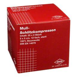 Abbildung: Schlitzkompressen Mull 5x5cm Kompressen, 25X2 St PZN 00816204