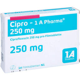 Abbildung: Cipro 1A Pharma 250 mg Filmtabletten 14 St, Filmtabletten PZN 00819148
