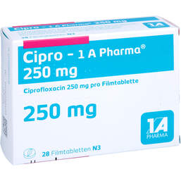 Abbildung: Cipro 1A Pharma 250 mg Filmtabletten 28 St, Filmtabletten PZN 00819154