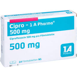 Abbildung: Cipro 1A Pharma 500 mg Filmtabletten 14 St, Filmtabletten PZN 00819183