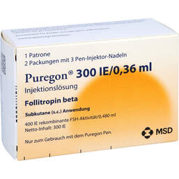Abbildung: Puregon 300 I.E. / 0,36 ml Zyl.Ampulle + 6 Pen Injektion Nad. 1 St, Injektionslösung PZN 00950919