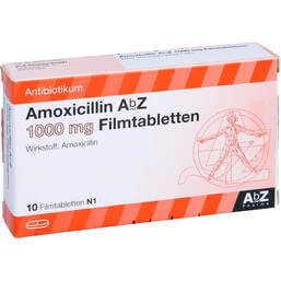 Abbildung: Amoxicillin AbZ 1000 mg Filmtabletten 10 St, Filmtabletten PZN 01014688