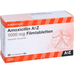 Abbildung: Amoxicillin AbZ 1000 mg Filmtabletten 20 St, Filmtabletten PZN 01014694