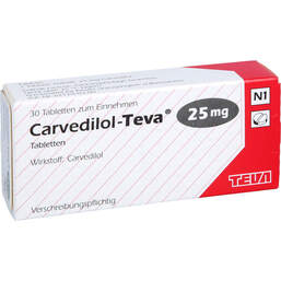 Abbildung: Carvedilol Teva 25 mg Tabletten 30 St, Tabletten PZN 01021694