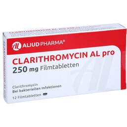 Abbildung: Clarithromycin AL pro 250 mg Filmtabletten 12 St, Filmtabletten PZN 01025491