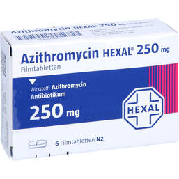 Abbildung: Azithromycin Hexal 250 mg Filmtabletten 6 St, Filmtabletten PZN 01038430