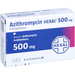 Abbildung: Azithromycin Hexal 500 mg Filmtabletten 3 St, Filmtabletten PZN 01038447
