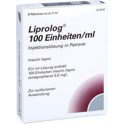 Abbildung: Liprolog 100 E / ml Patrone Injektionslösung 5X3 ml, Injektionslösung PZN 01043112