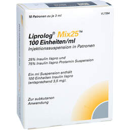 Abbildung: Liprolog Mix 25 100 E / ml Patrone Injektionssuspension 10X3 ml, Injektionssuspension PZN 01043164