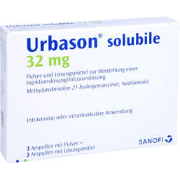 Abbildung: Urbason solubile 32 mg Tr.-S 3 St, Pulver u Lösungsm. z. Herst. e.Injektions- bzw. Infusionsl. PZN 01064999