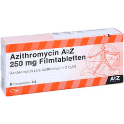 Abbildung: Azithromycin AbZ 250 mg Filmtabletten 6 St, Filmtabletten PZN 01065616