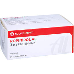 Abbildung: Ropinirol AL 3 mg Filmtabletten 84 St, Filmtabletten PZN 01107421