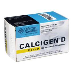 Abbildung: Calcigen D Citro 600 mg / 400 I.E. Kautabletten 50 St, Kautabletten PZN 01138539