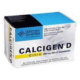 Abbildung: Calcigen D Citro 600 mg / 400 I.E. Kautabletten 100 St, Kautabletten PZN 01138545
