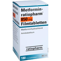Abbildung: Metformin ratiopharm 850 mg Filmtabletten 180 St, Filmtabletten PZN 01139059