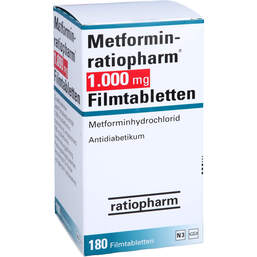 Abbildung: Metformin ratiopharm 1000 mg Filmtabletten 180 St, Filmtabletten PZN 01139065