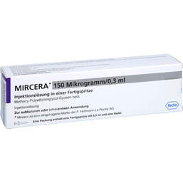 Abbildung: Mircera 150 Mikrogramm / 0,3 ml Injektionslösung i.e.F.-Sp. 1 St, Injektionslösung in einer Fertigspritze PZN 01151445