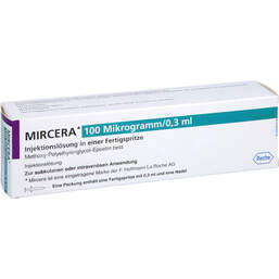 Abbildung: Mircera 100 Mikrogramm / 0,3 ml Injektionslösung i.e.F.-Sp. 1 St, Injektionslösung in einer Fertigspritze PZN 01151586