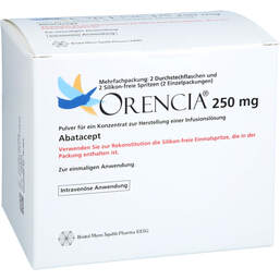 Abbildung: Orencia 250 mg Pulver für einer Konzentration zur Herstellung einer Infusionslösung 2X250 mg, Pulver zur Herstellung eines Infusionslösungskonzentrates PZN 01162590