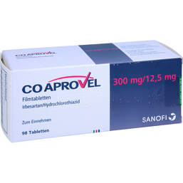 Abbildung: Coaprovel 300 mg / 12,5 mg Filmtabletten 98 St, Filmtabletten PZN 01170023