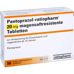 Abbildung: Pantoprazol ratiopharm 20 mg magensaftresistent Tabletten 56 St, Tabletten magensaftresistent PZN 01175121