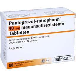 Abbildung: Pantoprazol ratiopharm 40 mg magensaftresistent Tabletten 98 St, Tabletten magensaftresistent PZN 01175368
